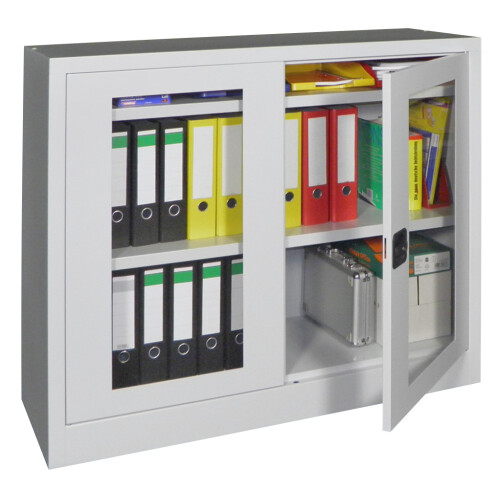 Stahlschrank mit Sichtfenstertüren 100 cm hoch, 120cm breit, 40 cm tief, Korpus: Lichtgrau, Türen: Lichtgrau, Fachböden: gepulvert in Korpusfarbe