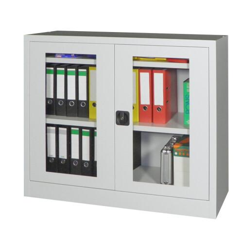 Stahlschrank mit Sichtfenstertüren 100 cm hoch, 120cm breit, 40 cm tief, Korpus: Lichtgrau, Türen: Lichtgrau, Fachböden: gepulvert in Korpusfarbe