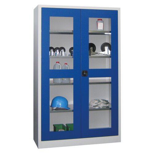 Stahlschrank mit Sichtfenstertüren 195 cm hoch, 120cm breit, 50 cm tief, Korpus: Lichtgrau, Türen: Lichtgrau, Fachböden: gepulvert in Korpusfarbe