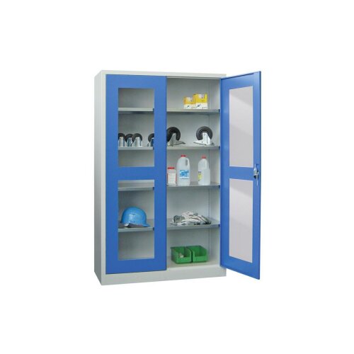 Stahlschrank mit Sichtfenstertüren 195 cm hoch, 120cm breit, 50 cm tief, Korpus: Lichtgrau, Türen: Lichtgrau, Fachböden: gepulvert in Korpusfarbe