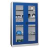 Stahlschrank mit Sichtfenstertüren 195 cm hoch, 120cm breit, 50 cm tief, Korpus: Lichtgrau, Türen: Lichtgrau, Fachböden: gepulvert in Korpusfarbe