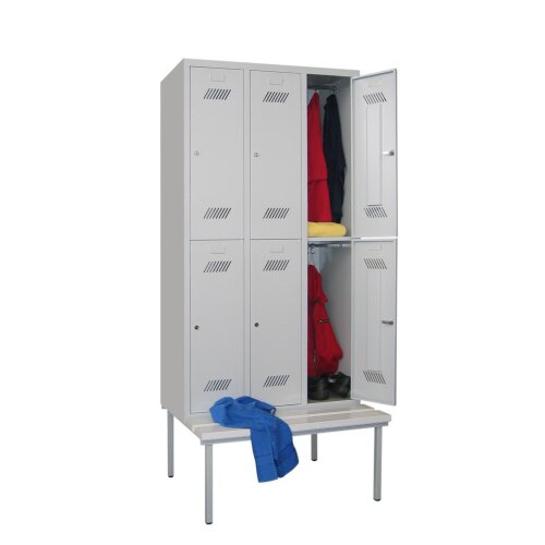 Fächerschrank 6 Fächer, Abteilbreite 300mm, auf Unterbausitzbank,Korpus: Lichtgrau, Türen: Anthrazitgrau, Drehriegel