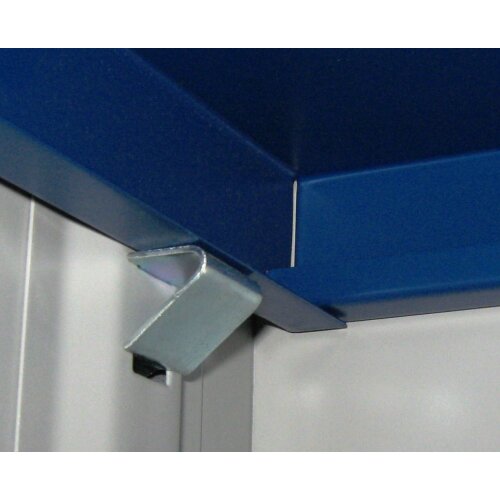 Stahlschrank 195 cm hoch, 64 cm breit, 40 cm tief, Korpus: Lichtgrau, Türen: Lichtblau, Fachböden: gepulvert in Korpusfarbe