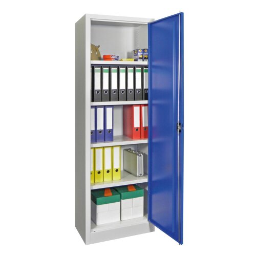 Stahlschrank 195 cm hoch, 64 cm breit, 40 cm tief, Korpus: Anthrazitgrau, Türen: Feuerrot, Fachböden: gepulvert in Korpusfarbe