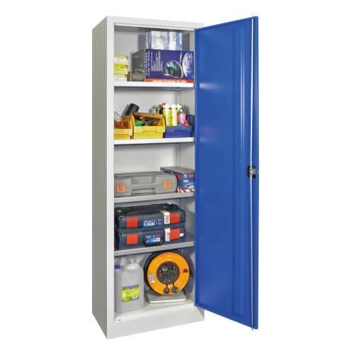 Stahlschrank 195 cm hoch, 64 cm breit, 50 cm tief, Korpus: Lichtgrau, Türen: Enzianblau, Fachböden: gepulvert in Korpusfarbe
