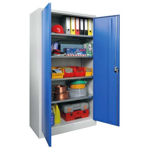 Stahlschrank 195 cm hoch, 100cm breit, 40 cm tief, Korpus: Tiefschwarz, Türen: Tiefschwarz, Fachböden: gepulvert in Korpusfarbe