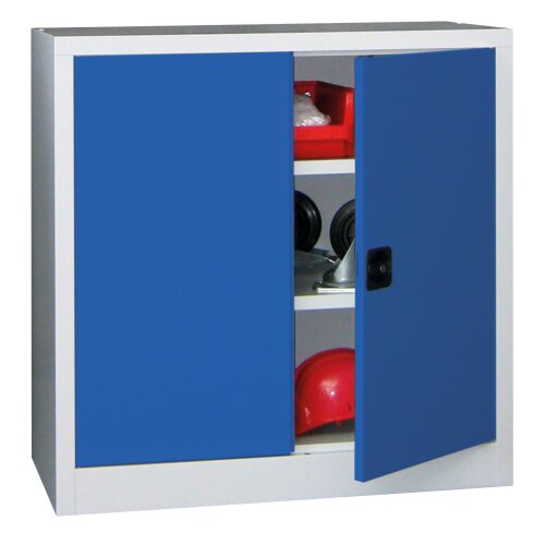 Stahlschrank 100 cm hoch, 100 cm breit, 40 cm tief, Korpus: Lichtgrau, Türen: Enzianblau, Fachböden: verzinkt