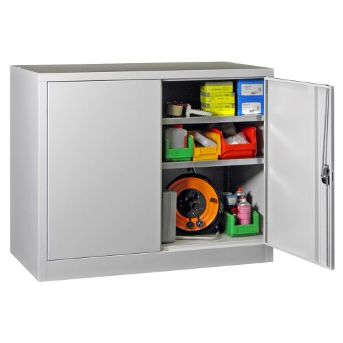 Stahlschrank 100 cm hoch, 120 cm breit, 50 cm tief, Korpus: Lichtgrau, Türen: Lichtgrau, Fachböden: gepulvert in Korpusfarbe