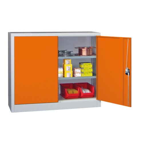 Stahlschrank 100 cm hoch, 120cm breit, 60 cm tief, Korpus: Lichtgrau, Türen: Enzianblau, Fachböden: verzinkt