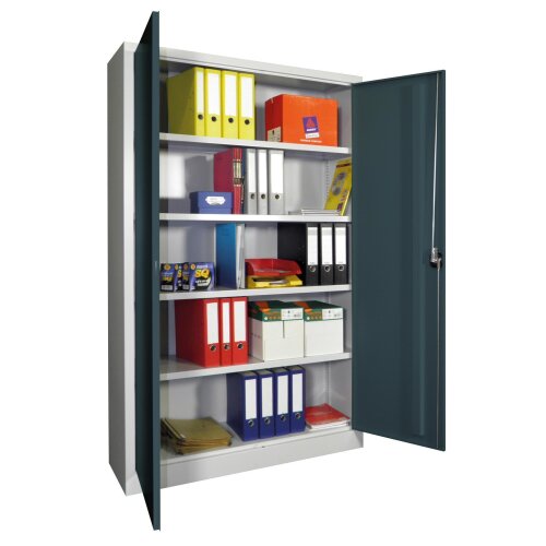 Stahlschrank 195 cm hoch, 120cm breit, 40 cm tief, Korpus: Tiefschwarz, Türen: Lichtgrau, Fachböden: gepulvert in Korpusfarbe