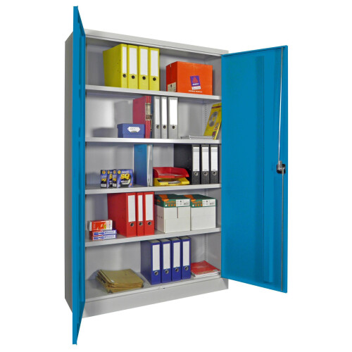 Stahlschrank 195 cm hoch, 120cm breit, 40 cm tief, Korpus: Tiefschwarz, Türen: Lichtgrau, Fachböden: gepulvert in Korpusfarbe