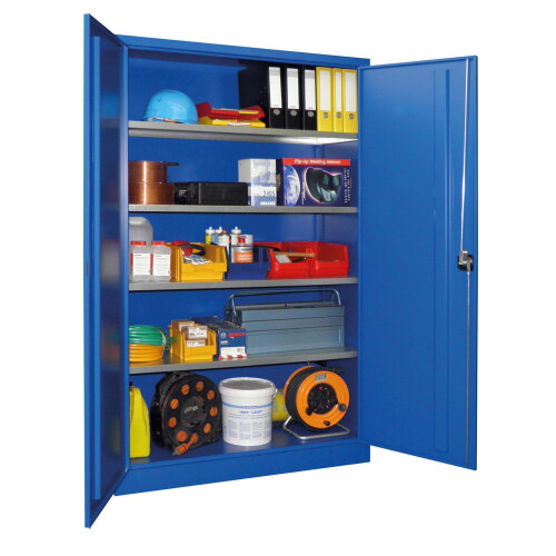 Stahlschrank 195 cm hoch, 120cm breit, 40 cm tief, Korpus: Tiefschwarz, Türen: Lichtgrau, Fachböden: gepulvert in Korpusfarbe