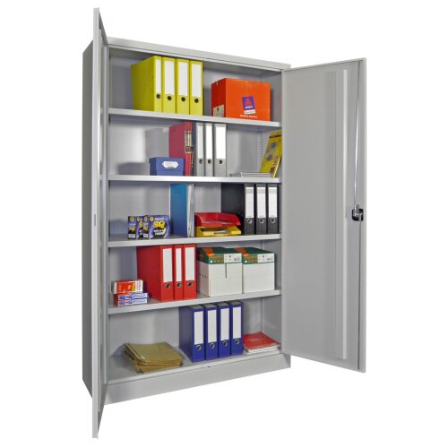 Stahlschrank 195 cm hoch, 120cm breit, 50 cm tief, Korpus: Lichtgrau, Türen: Anthrazitgrau, Fachböden: gepulvert in Korpusfarbe