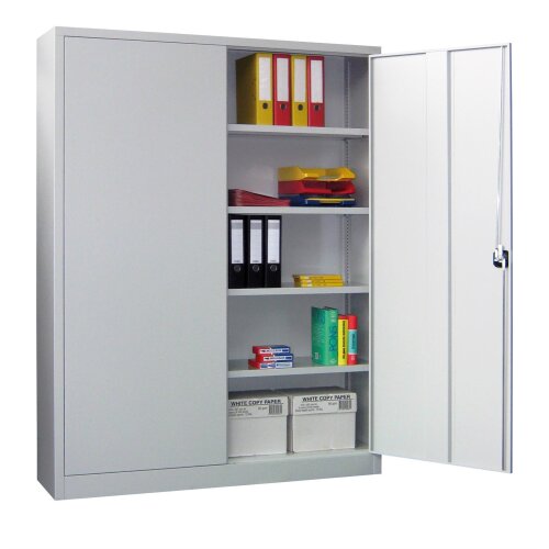 Stahlschrank 195 cm hoch, 150cm breit, 40 cm tief, Korpus: Lichtgrau, Türen: Resedagrün, Fachböden: gepulvert in Korpusfarbe