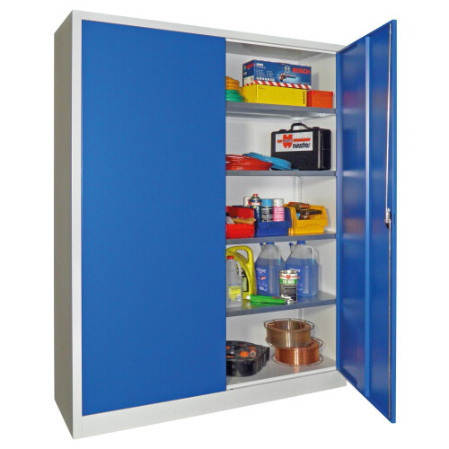 Stahlschrank 195 cm hoch, 150 cm breit, 60 cm tief, Korpus: Anthrazitgrau, Türen: Lichtblau, Fachböden: gepulvert in Korpusfarbe
