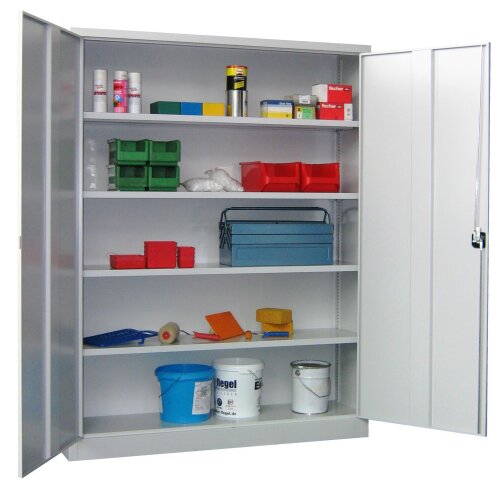 Stahlschrank 195 cm hoch, 150 cm breit, 60 cm tief, Korpus: Anthrazitgrau, Türen: Lichtblau, Fachböden: gepulvert in Korpusfarbe