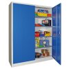 Stahlschrank 195 cm hoch, 150 cm breit, 60 cm tief, Korpus: Anthrazitgrau, Türen: Lichtblau, Fachböden: gepulvert in Korpusfarbe