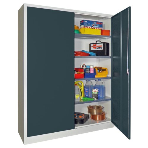 Stahlschrank 195 cm hoch, 150 cm breit, 60 cm tief, Korpus: Lichtgrau, Türen: Enzianblau, Fachböden: verzinkt