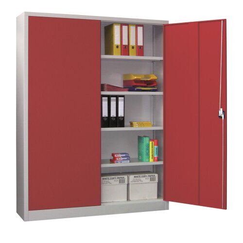 Stahlschrank 195 cm hoch, 150 cm breit, 60 cm tief, Korpus: Reinweiß, Türen: Rubinrot, Fachböden: verzinkt