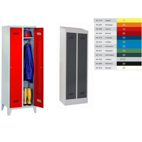 Umkleideschrank 2 Abteile, Abteilbreite 300mm, auf Sockel,Korpus: Lichtgrau, Türen: Enzianblau, Drehriegel