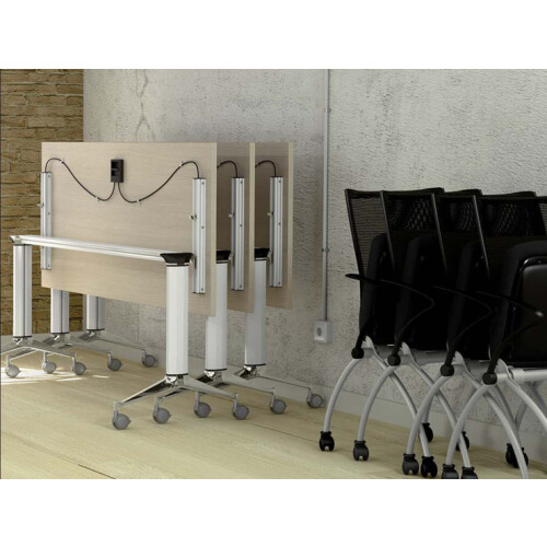 Design Klapptisch auf Rollen, Maß: 180 x 70 cm, Gestell: Alu poliert / weiss metallic, Dekor: Ahorn