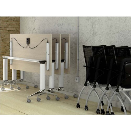 Design Klapptisch einsietig gerundet auf Rollen, Maß: links, Gestell: Alu poliert / silber metallic, Dekor: Anthrazit