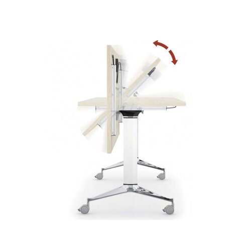 Design Klapptisch einsietig gerundet auf Rollen, Maß: links, Gestell: Alu poliert / weiss metallic, Dekor: Eiche