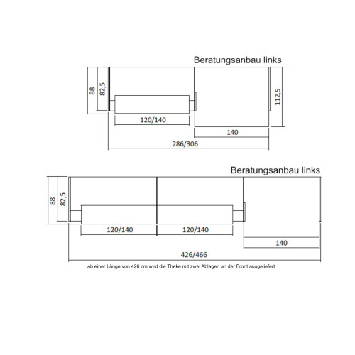 Empfangstheke mit Beratungsanbau, Breite/ Lage Anbau: 306 cm / rechts, Korpus: Weiss, Ablage: Nuss Canaletto  (Melamin)