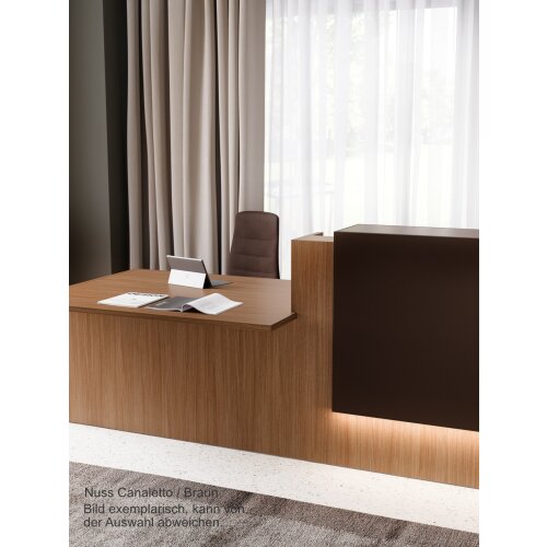 Empfangstheke mit Beratungsanbau, Breite/ Lage Anbau: 306 cm / links, Korpus: Weiss, Ablage: Ulme  (Melamin)