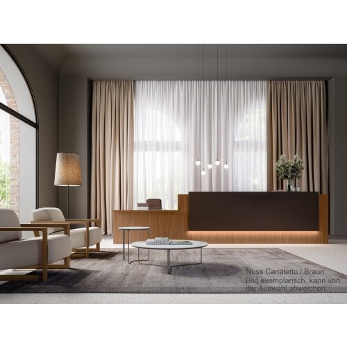 Empfangstheke mit Beratungsanbau, Breite/ Lage Anbau: 306 cm / links, Korpus: Weiss, Ablage: Ulme  (Melamin)