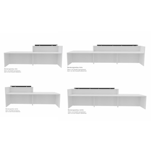 Empfangstheke mit Beratungsanbau, Breite/ Lage Anbau: 306 cm / links, Korpus: Weiss, Ablage: Ulme  (Melamin)