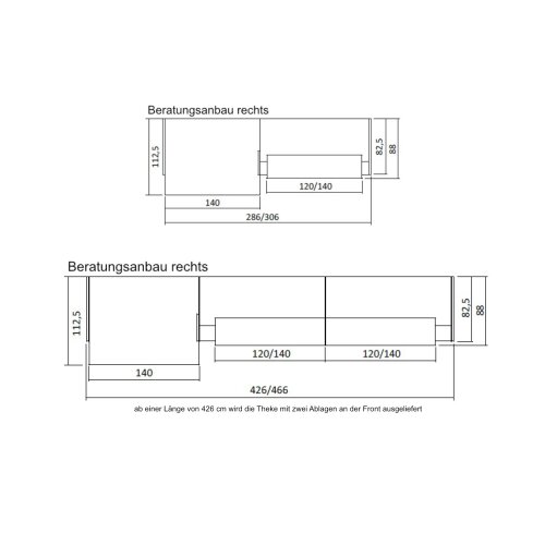 Empfangstheke mit Beratungsanbau, Breite/ Lage Anbau: 306 cm / links, Korpus: Weiss, Ablage: Ulme  (Melamin)
