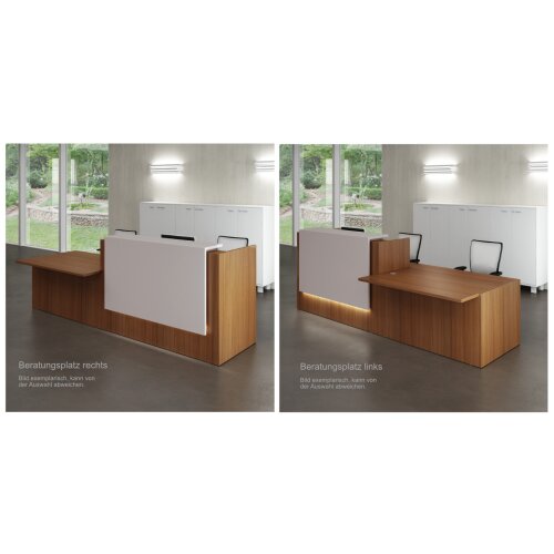 Empfangstheke mit Beratungsanbau, Breite/ Lage Anbau: 306 cm / links, Korpus: Weiss, Ablage: Ulme  (Melamin)