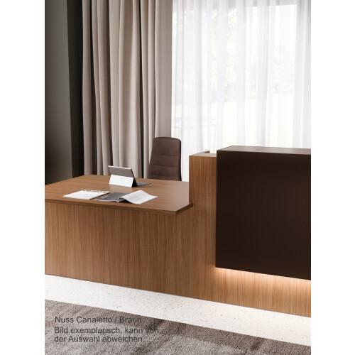 Empfangstheke mit Beratungsanbau, Breite/ Lage Anbau: 286 cm / links, Korpus: Weiss, Ablage: dunkelgrau RAL 7022 lackiert