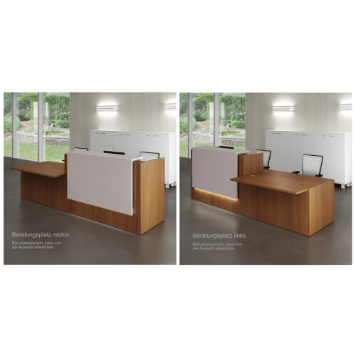 Empfangstheke mit Beratungsanbau, Breite/ Lage Anbau: 286 cm / links, Korpus: Weiss, Ablage: dunkelgrau RAL 7022 lackiert