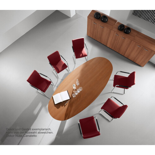 Besprechungstisch Oval, Breite: 240, Dekor:  Nuss Canaletto, Säulenfuss: alu silber