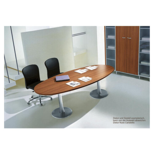 Besprechungstisch Oval, Breite: 240, Dekor:  Nuss Canaletto, Säulenfuss: alu silber