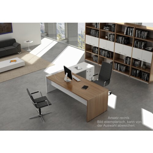Schreibtisch Winkelkombination mit Container - Serie Davos, 220 cm / links, Dekor Tisch: Nuss Canaletto, Dekor Ansatz: Weiss