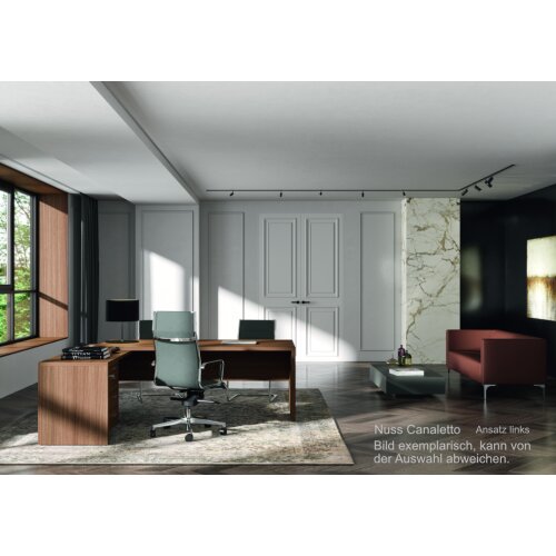 Schreibtisch Winkelkombination mit Container - Serie Davos, 220 cm / links, Dekor Tisch: Nuss Canaletto, Dekor Ansatz: Weiss