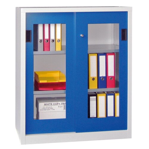 Stahl Schiebetürenschrank mit Sichtfenstertüren 120 cm hoch,  100cm breit,  50 cm tief