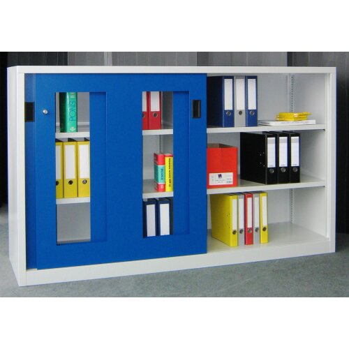 Stahl Schiebetürenschrank mit Sichtfenstertüren 120 cm hoch, 200 cm breit,  60 cm tief