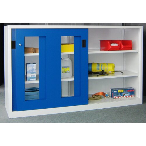 Stahl Schiebetürenschrank mit Sichtfenstertüren 120 cm hoch, 200 cm breit,  60 cm tief