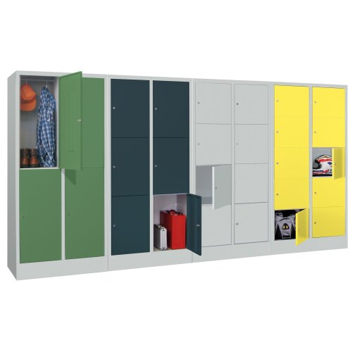 Schliessfachschrank 9 Fächer, Abteilbreite 400mm, auf Sockel