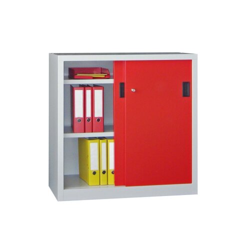 Stahl Schiebetürenschrank 100 cm hoch, 100cm breit, 40 cm tief, Korpus: Lichtgrau, Türen: Zinkgelb, Fachböden: gepulvert in Korpusfarbe