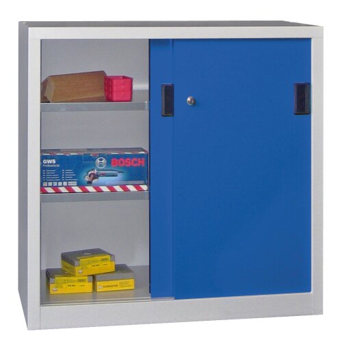 Stahl Schiebetürenschrank 100 cm hoch, 100cm breit, 40 cm tief, Korpus: Lichtgrau, Türen: Zinkgelb, Fachböden: gepulvert in Korpusfarbe