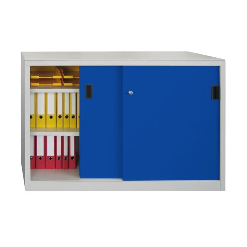 Stahl Schiebetürenschrank 100 cm hoch, 150 cm breit, 60 cm tief, Korpus: Lichtgrau, Türen: Lichtblau, Fachböden: gepulvert in Korpusfarbe