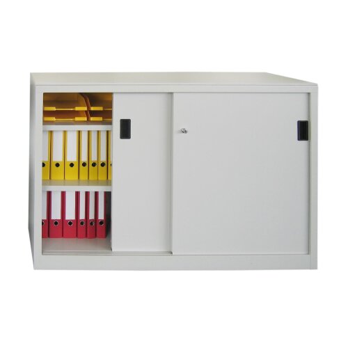 Stahl Schiebetürenschrank 100 cm hoch, 150 cm breit, 60 cm tief, Korpus: Lichtgrau, Türen: Lichtblau, Fachböden: gepulvert in Korpusfarbe