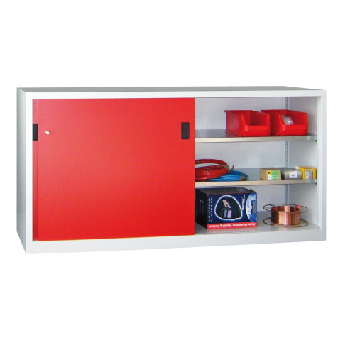 Stahl Schiebetürenschrank 100 cm hoch, 200cm breit, 40 cm tief, Korpus: Rubinrot, Türen: Lichtgrau, Fachböden: verzinkt