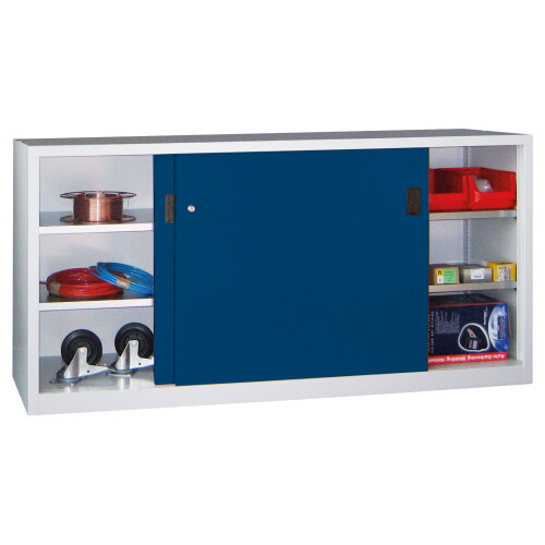 Stahl Schiebetürenschrank 100 cm hoch, 200cm breit, 40 cm tief, Korpus: Rubinrot, Türen: Lichtgrau, Fachböden: verzinkt