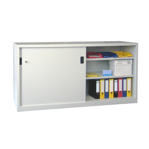 Stahl Schiebetürenschrank 100 cm hoch, 200cm breit, 40 cm tief, Korpus: Rubinrot, Türen: Lichtgrau, Fachböden: verzinkt
